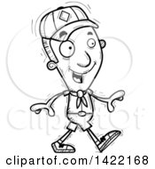 Clipart Of A Cartoon Black And White Lineart Doodled Boy Scout Walking Royalty Free Vector Illustration