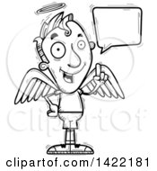Clipart Of A Cartoon Black And White Lineart Doodled Male Angel Holding Up A Finger And Talking Royalty Free Vector Illustration
