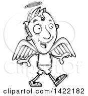 Clipart Of A Cartoon Black And White Lineart Doodled Male Angel Walking Royalty Free Vector Illustration
