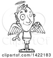 Clipart Of A Cartoon Black And White Lineart Doodled Male Angel Waving Royalty Free Vector Illustration