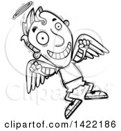 Clipart Of A Cartoon Black And White Lineart Doodled Male Angel Jumping For Joy Royalty Free Vector Illustration