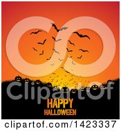 Poster, Art Print Of Happy Halloween Greeting Under Grass Jackolantern Pumpkins And Flying Bats On Orange
