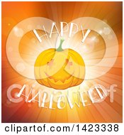 Clipart Of A Halloween Jackolantern Pumpkin Over Text On Orange Rays Royalty Free Vector Illustration