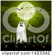 Poster, Art Print Of Green Full Moon With Vampire Bats Over A Ghost And Lit Halloween Jackolantern Pumpkins In A Cemetery