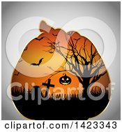 Poster, Art Print Of Halloween Pumpkin Frame With A Scene Of A Hanging Jackolantern In A Tree Tombstones And Vampire Bats