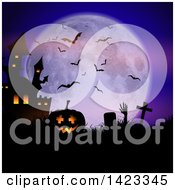 Poster, Art Print Of Silhouetted Lit Halloween Jackolantern Pumpkin And Haunted Castle With A Rising Zombie In A Cemetery Against A Full Moon