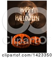 Poster, Art Print Of 3d Halloween Jackolantern Pumpkins With Happy Halloween Text Over A Blurred Haunted Castle And Full Moon