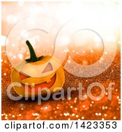 Clipart Of A 3d Halloween Jackolantern Pumpkin Over Orange Glitter Royalty Free Illustration