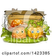 Poster, Art Print Of Wooden Plaque Or Sign Behind Mushroom And Pumpkin Characters