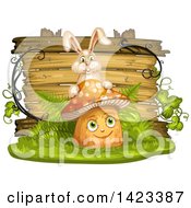 Poster, Art Print Of Wooden Plaque Or Sign Behind A Mushroom Character And Rabbit