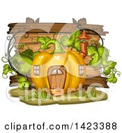 Poster, Art Print Of Wooden Plaque Or Sign Behind A Pumpkin House