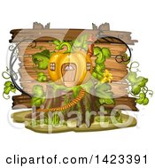 Poster, Art Print Of Wooden Plaque Or Sign Behind A Pumpkin House On A Stump