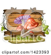 Poster, Art Print Of Wooden Plaque Or Sign Behind Red Mushrooms