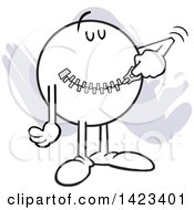 Cartoon Moodie Character Zipping Up His Mouth To Keep A Secret Over Purple Strokes