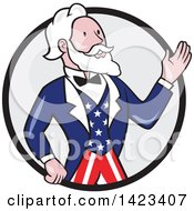 Clipart Of A Retro Cartoon Uncle Sam Waving In A Black And Gray Circle Royalty Free Vector Illustration by patrimonio