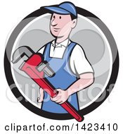 Clipart Of A Retro Cartoon White Male Plumber Or Handy Man Holding A Monkey Wrench Emerging From A Black White And Gray Circle Royalty Free Vector Illustration