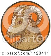 Poster, Art Print Of Sketched Ram Goat Head In A Brown And Orange Circle