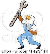 Poster, Art Print Of Cartoon Bald Eagle Mechanic Man Holding Up A Spanner Wrench