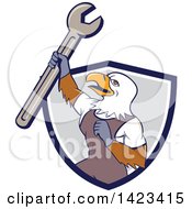 Poster, Art Print Of Cartoon Bald Eagle Mechanic Man Holding Up A Spanner Wrench In A Blue White And Gray Shield