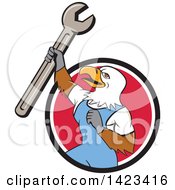 Poster, Art Print Of Cartoon Bald Eagle Mechanic Man Holding Up A Spanner Wrench In A Black White And Red Circle