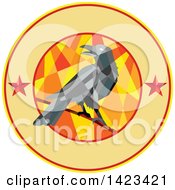Poster, Art Print Of Geometric Low Polygon Styled Crow On A Branch In A Circle With Stars And Text Space