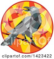Clipart Of A Geometric Low Polygon Styled Crow On A Branch In A Circle With Stars Royalty Free Vector Illustration