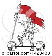 Poster, Art Print Of Cartoon Black And White Viking Warrior Holding Up A Red Flag And Resting A Foot On A Barbell