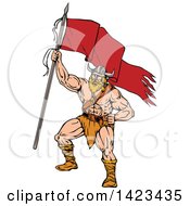 Poster, Art Print Of Cartoon Viking Warrior Holding Up A Red Flag
