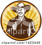 Poster, Art Print Of Retro Woodcut Happy Cowboy Giving A Thumb Up In A Sunset Circle