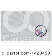 Clipart Of A Retro Cartoon White Male Plumber Or Handy Man Holding A Giant Monkey Wrench And Gray Rays Background Or Business Card Design Royalty Free Illustration