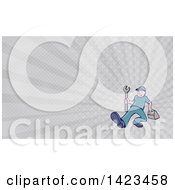 Poster, Art Print Of Retro Cartoon White Handy Man Or Mechanic Walking With A Spanner Wrench And Tool Box And Gray Rays Background Or Business Card Design