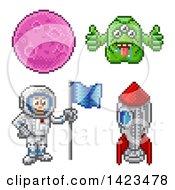 Poster, Art Print Of Retro 8 Bit Pixel Art Video Game Styled Astronaut Rocket Alien And Planet