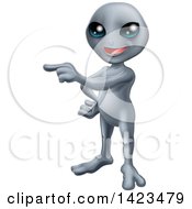 Clipart Of A Friendly Gray Alien Pointing To The Left Royalty Free Vector Illustration