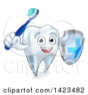 Poster, Art Print Of Happy Tooth Character Holding A Toothbrush And Shield