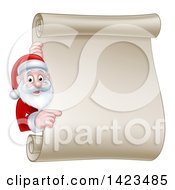 Poster, Art Print Of Cartoon Happy Christmas Santa Claus Pointing Around A Scroll Sign