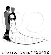 Clipart Of A Silhouetted Black And White Posing Bride And Groom Royalty Free Vector Illustration
