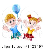 Poster, Art Print Of Cartoon Happy Excited Blond Caucasian Boy And Girl Jumping With A Party Balloon