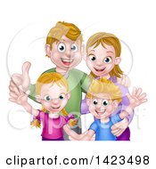Poster, Art Print Of Cartoon Caucasian Brother And Sister Waving With Their Mom And Dad