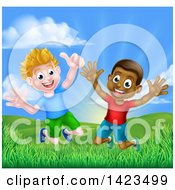 Poster, Art Print Of Happy Excited White And Black Boys Jumping Outdoors