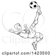 Poster, Art Print Of Black And White Lineart Male Soccer Football Player Kicking The Ball