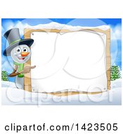 Poster, Art Print Of Happy Snowman Wearing A Christmas Top Hat And Pointing Around A Blank Sign In A Winter Landscape