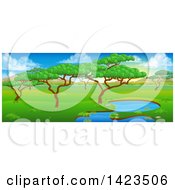 Poster, Art Print Of Safari Landscape With A Pond Trees And Mountains