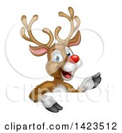 Clipart Of A Happy Rudolph Red Nosed Reindeer Pointing Over A Sign Royalty Free Vector Illustration