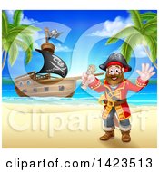 Happy Male Pirate Captain Holding A Treasure Map And Waving On A Tropical Beach With A Ship In The Background