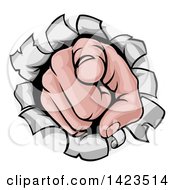 Poster, Art Print Of Cartoon Caucasian Hand Pointing Outwards Breaking Through A Wall