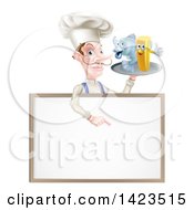 White Male Chef With A Curling Mustache Holding A Fish And Chips On A Tray And Pointing Down Over A Menu