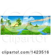 Poster, Art Print Of Perhistoric Jurassic Landscape With A Smoking Volcano