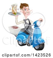 White Male Waiter With A Curling Mustache Holding A Souvlaki Kebab Sandwich On A Scooter