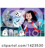 Poster, Art Print Of Vampire Girl With Ghosts In A Cemetery Near A Haunted House
