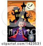 Poster, Art Print Of Witch Girl In A Cemetery Near A Haunted House Against A Full Moon With Bats